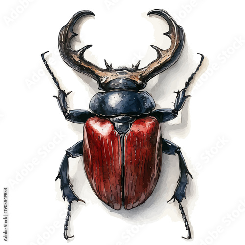 Stag Beetle, elegant watercolor vector painting with refined details, isolated on a white background.