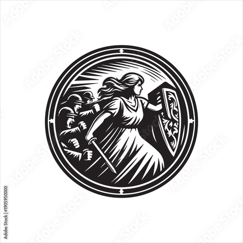 Black and white vector illustration of a woman holding a shield and sword, surrounded by three warriors in a circular composition with a bold design.