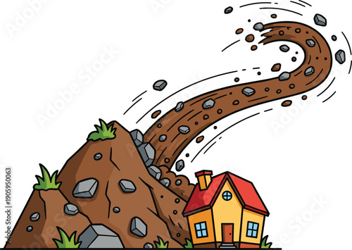 Natural Disaster Concept Showing Mudslide and Falling Rocks Threatening a Small Residential House for Insurance, Safety Warnings, and Environmental Emergency Graphic Designs