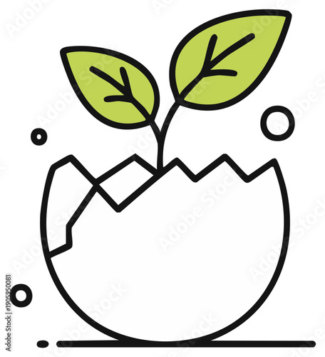 Minimalist line art icon of a plant sprouting from a broken eggshell symbolizing new life and growth