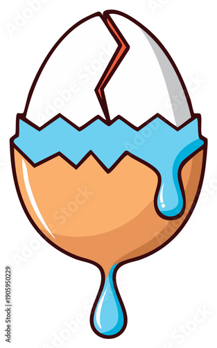 Cartoon illustration of a cracked egg dripping with blue liquid or goo