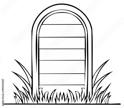 Simple tombstone outline vector illustration with grass, ideal for coloring pages and Halloween designs