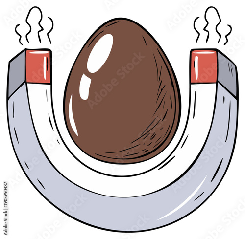 Glossy brown egg levitating between powerful horseshoe magnet poles, cartoon illustration depicting attractive force and energy.