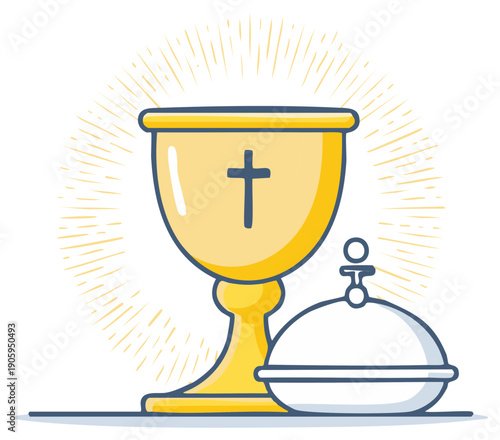 Golden Chalice and Covered Dish with Cross Symbol Illuminated by Radiant Light