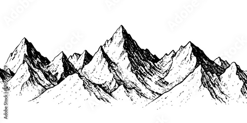 Vector illustration of a mountain landscape featuring black and white silhouettes of alpine peaks and trees under a snowy winter sky in the high Himalaya range