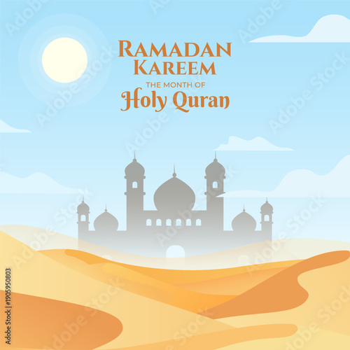 Ramadan Kareem Background with Mosque Silhouette in Desert Landscape under Blue Sky, Holy Quran Month Concept