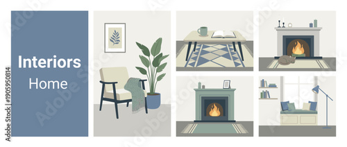 Modern Cozy Home Interior Design Illustration Set featuring Living Room Scenes with Fireplace, Comfortable Armchair, Window Seat, Potted Plant, Coffee Table, and Sleeping Cat in Flat Style.