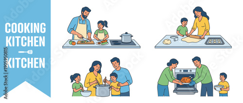 Vector illustration set of happy families cooking together in the kitchen, including parents and children preparing healthy food, baking cookies, stirring soup, and roasting a turkey for dinner.