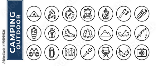 Set of 21 Minimalist Camping and Outdoor Adventure Line Icons Featuring Tent, Campfire, Compass, Backpack, Lantern, Axe, Sleeping Bag, Hiking Boot, Mountains, Canoe, Fishing Rod, and First Aid Kit.