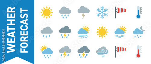 Weather Forecast Icon Set Collection Featuring Sun, Rain, Storm, Snow, Wind, and Temperature Symbols for Meteorological Reports, Mobile Apps, and Climate Prediction Graphic Design Elements