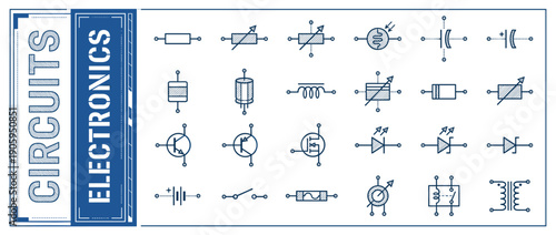 Technical Blueprint Collection of Electronic Circuit Symbols and Components including Resistors, Capacitors, Transistors, Diodes, Switches, and Batteries for Engineering Schematic Design.