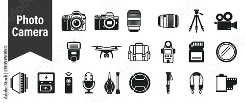 Professional photography and videography equipment icons set featuring DSLR cameras, lenses, tripod, drone, flash, memory card, film, and studio accessories in a clean flat vector design.