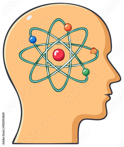Human Head Silhouette with Atomic Structure Representing Thought and Knowledge