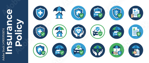 Comprehensive Set of Insurance Policy Icons for Health Home Car and Life Protection Featuring Shields Umbrellas and Hands in Blue and Green Flat Vector Design for Financial Security and Risk