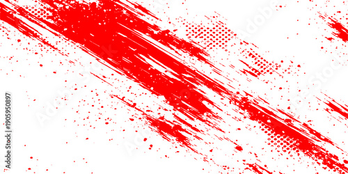 A red grunge background features artistic paint splashes and ink splatters with a dirty texture pattern, creating a vibrant vector illustration backdrop for a decorative Christmas banner design