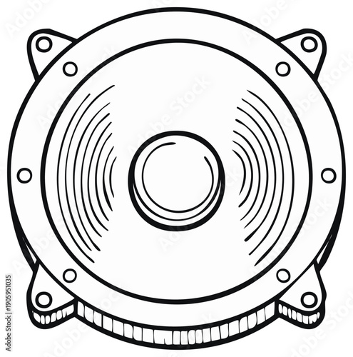 Round speaker icon with radiating sound waves and mounting brackets in black and white outline style