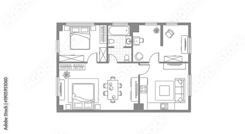 Multi-Room Apartment Floor Plan with Full Furniture Layout on Isolated White Background