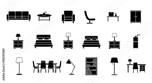 Collection of Black Silhouette Home Furniture Icons on Isolated White Background