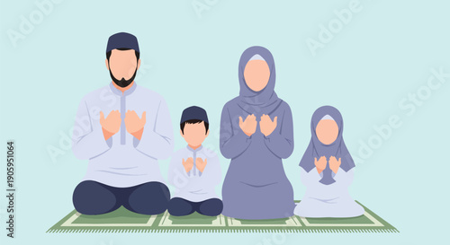 Muslim family praying together on prayer mat, father mother and children with hands raised in supplication during religious observance