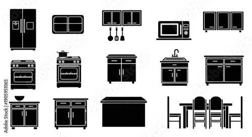 Black Silhouette Icons of Kitchen Furniture and Appliances on Isolated White Background