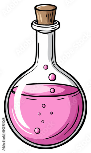 Pink potion in a glass bottle with bubbles and cork