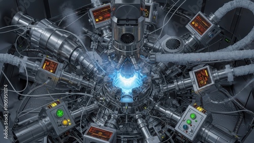 Complex fusion reactor core with glowing blue plasma in advanced scientific research facility