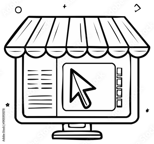 Digital Shopfront with Arrow Cursor. Online Store Concept in Vector Line Art. E-Commerce Illustration of Computer Display with Striped Awning and Menu