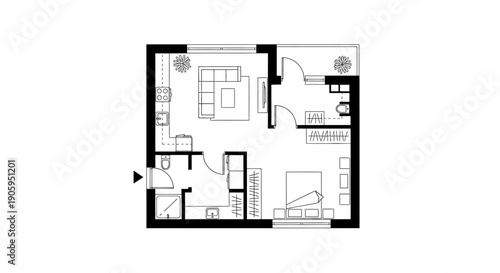 Small One-Bedroom Apartment Floor Plan with Living Room and Balcony on Isolated White Background