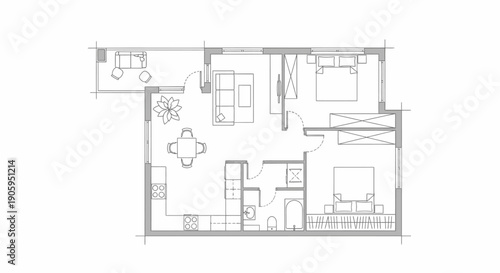 Modern Apartment Floor Plan with Bedroom, Living Room, Kitchen, and Balcony on Isolated White Background