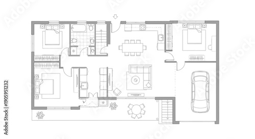 Detailed House Floor Plan with Two Bedrooms, Garage, and Open Living Area on Isolated White Background