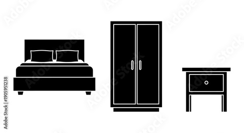 Essential black silhouette bedroom furniture set including a double bed, wardrobe, and nightstand on isolated white background.