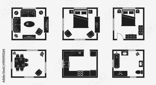 Home furniture layout plans for living room, bedroom, dining, and bathroom with top view silhouettes on isolated white background.