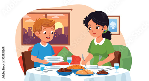 Mother and son setting table with delicious food for meal, enjoying dinner together in cozy home dining room, symbolizing family bonding and nourishment