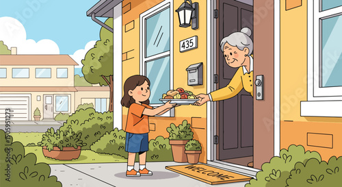 Girl delivering homemade food plate to elderly woman at her doorstep, showing kindness and community support, sharing generosity in suburban neighborhood setting