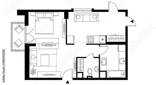 Architectural floor plan blueprint of a compact two-room apartment featuring a combined living-kitchen area and separate bedroom with bathroom, presented as a bold line drawing on white background.