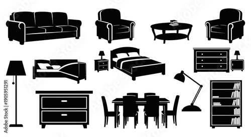 Extensive collection of black silhouette home furniture icons for living room, bedroom, and dining areas including sofas, beds, tables, lamps, and storage on isolated white background.