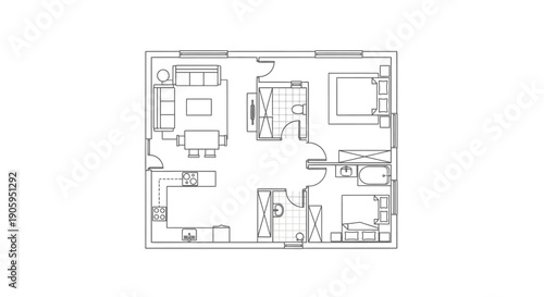 Comprehensive architectural floor plan blueprint of a modern house or apartment with multi-room layout and integrated garage, presented as a detailed line drawing on a white background.