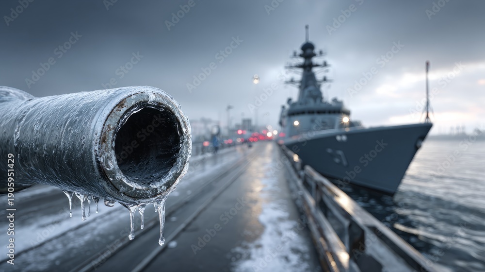 Fototapeta premium A naval ship is docked at a pier during winter. Ice forms on the cannon barrel
