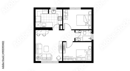 Detailed Outline Apartment Floor Plan with Furnished Rooms on Isolated White Background