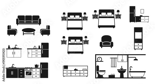Diverse Collection of Solid Black Household Furniture and Appliance Icons on Isolated White Background