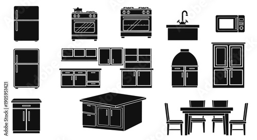 Solid Black Kitchen and Dining Furniture Icons Set for Interior Layouts on Isolated White Background