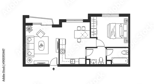 Detailed Apartment Floor Plan with Furniture Layout on Isolated White Background