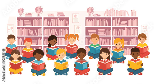 Children sit on floor in library surrounded by bookshelves reading books together, diverse group of young students learning and enjoying stories