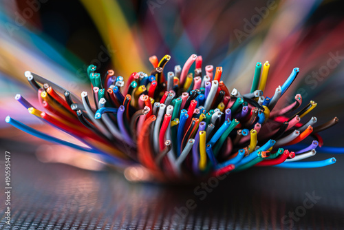 Bundle of thick colorful electrical cables used in telecommunication and information systems. Industrial wiring representing network infrastructure, power distribution, and technical connectivity.