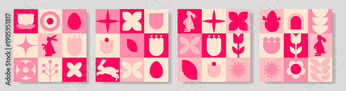 Geometric Easter cards with colorful designs and festive symbols