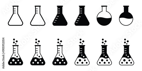 Conical flask or Erlenmeyer flask vector set, laboratory chemical glassware equipment in flat design, isolated on white background, vector illustrations for educational projects, science labs, and 
