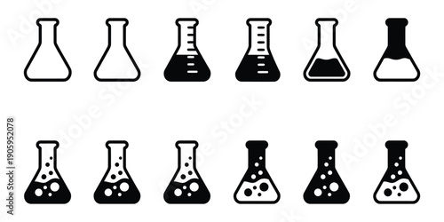 Conical flask or Erlenmeyer flask vector set, laboratory chemical glassware equipment, flat design illustrations isolated on white background for chemistry education, lab experiments, research, and 