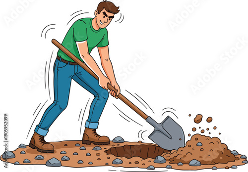 Young Strong Man Digging a Hole with Shovel Tool for Gardening, Landscaping, Construction, Soil Preparation, Hard Work, and Manual Labor Concept Vector