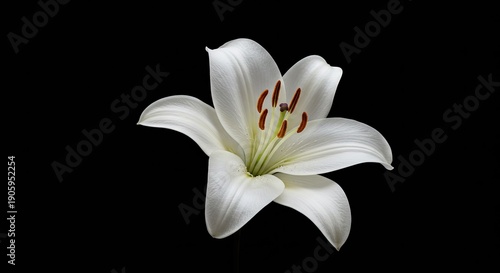 A beautiful white lily flower with six petals and yellow stamens on a black background