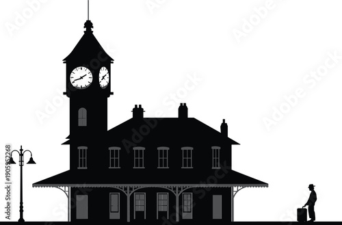 Vintage train station silhouette illustration, classic railway building with clock tower and traveler, minimalist black vector isolated white background design